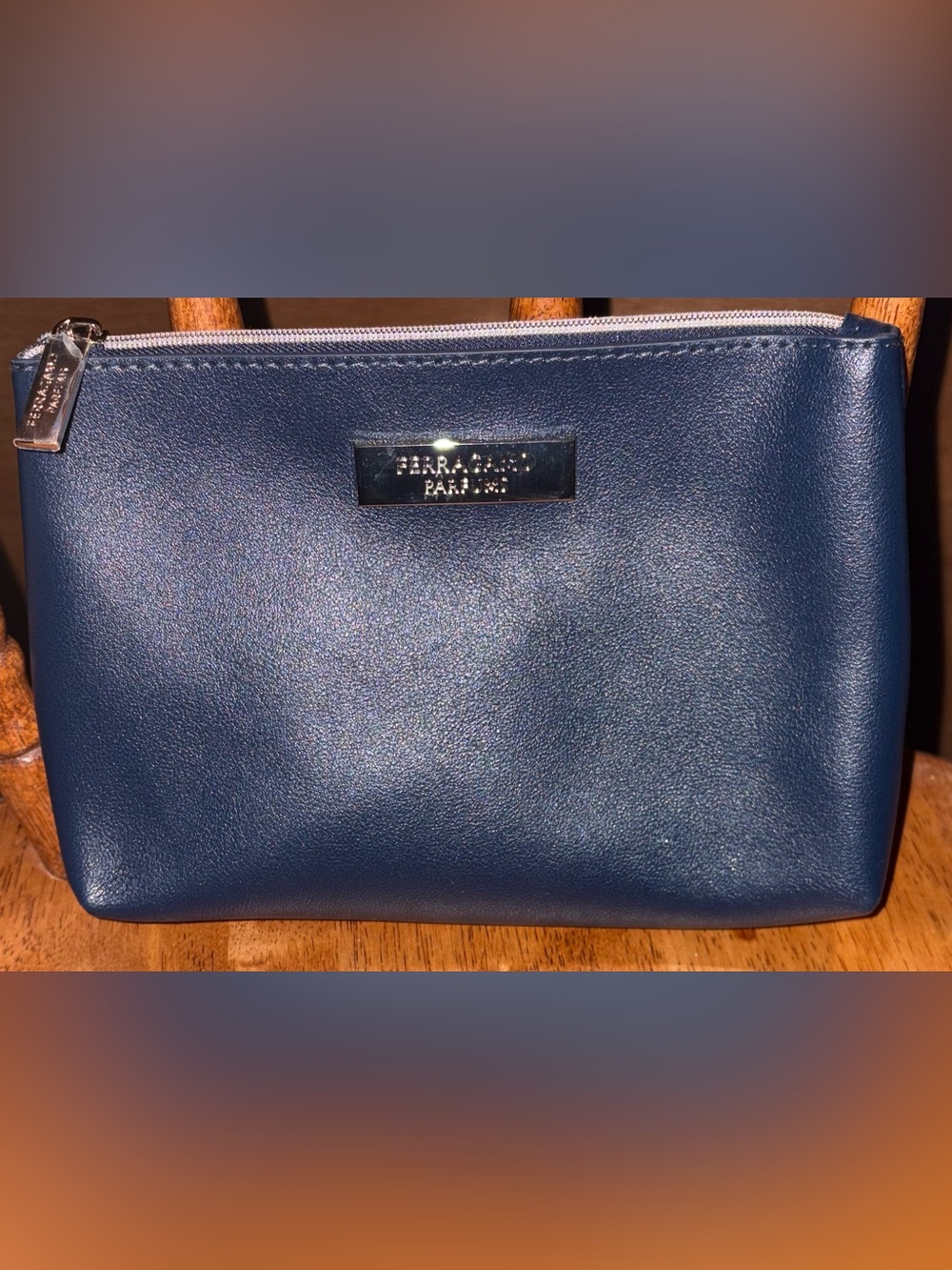 Ferragamo Parfums Navy Cosmetic Bag Poucg with Metal Logo Plate - NEW